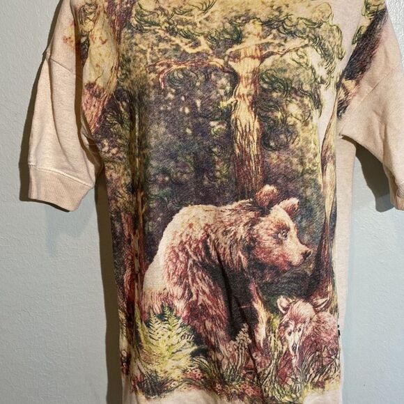 Zara Basic T Shirt, novelty bear woods nature print, long line cream, s - Picture 3 of 7